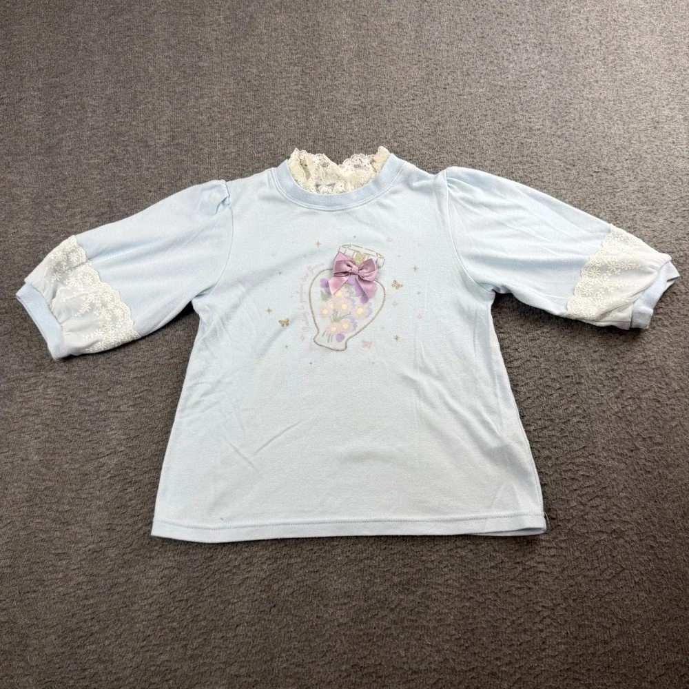 Axes‎ Femme Kids Top Girls 140 Blue Lace Trim Perfume Bottle Graphic Bow